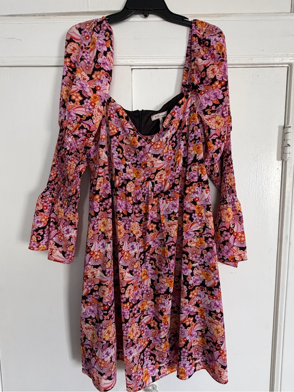 BCBGeneration Pink & Black Floral Square-Neck Long Sleeve Mini Dress